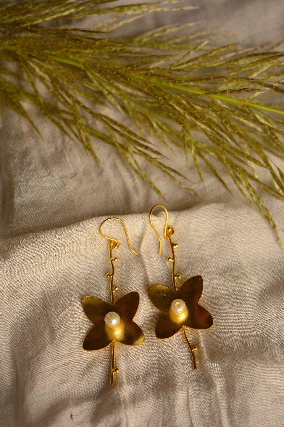 LocalLane Floral Pearl Handmade Brass Earrings