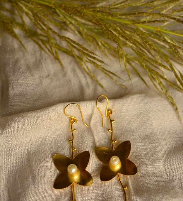 LocalLane Floral Pearl Handmade Brass Earrings