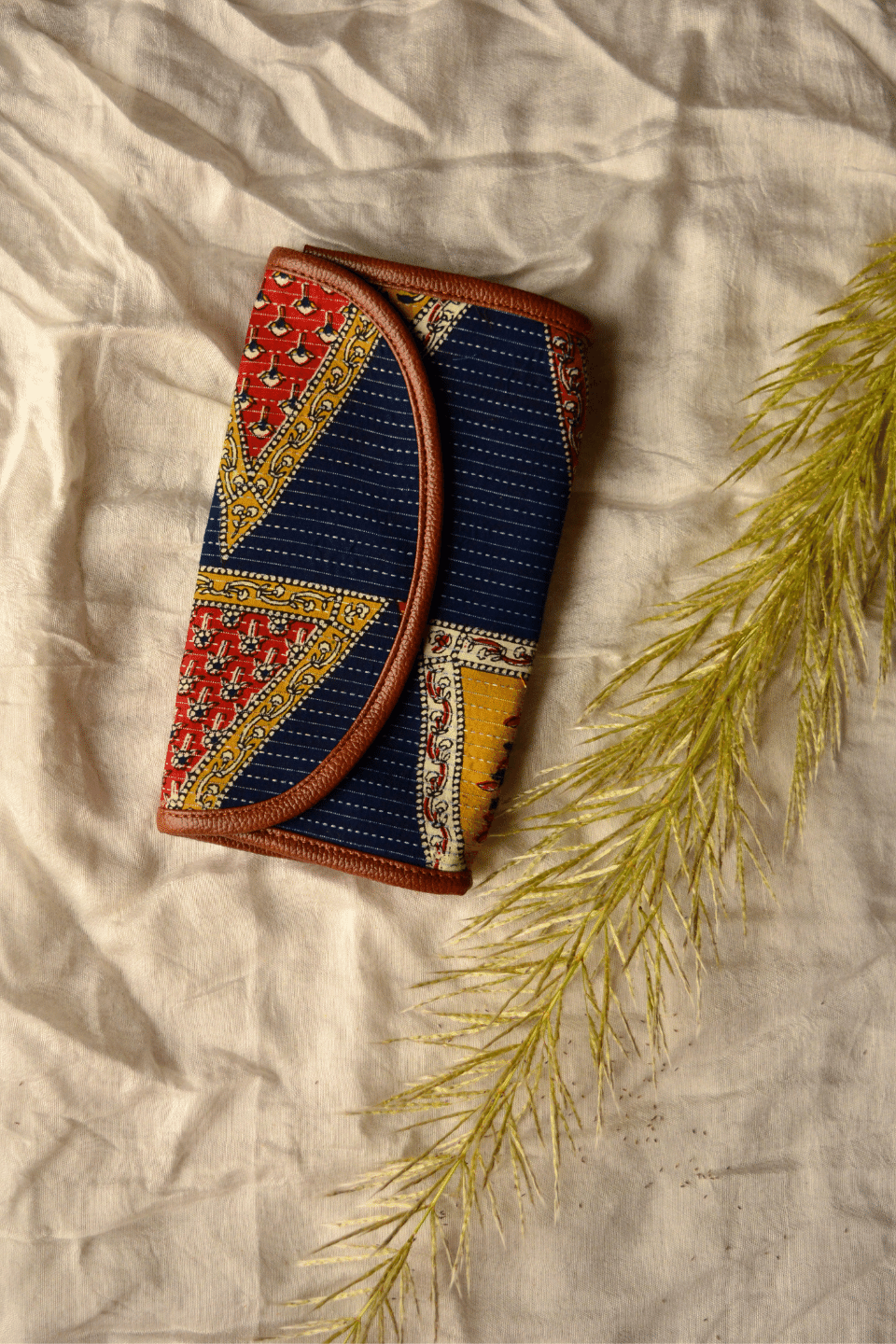 LocalLane Multicolour Floral Triangles Hand Block Printed Envelope Wallet