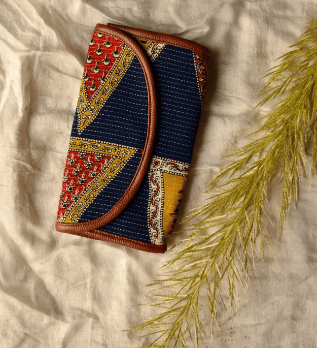 LocalLane Multicolour Floral Triangles Hand Block Printed Envelope Wallet