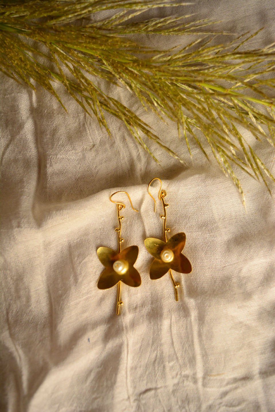 LocalLane Floral Pearl Handmade Brass Earrings