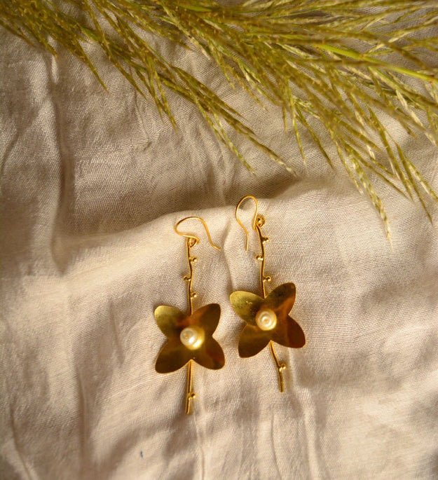 LocalLane Floral Pearl Handmade Brass Earrings