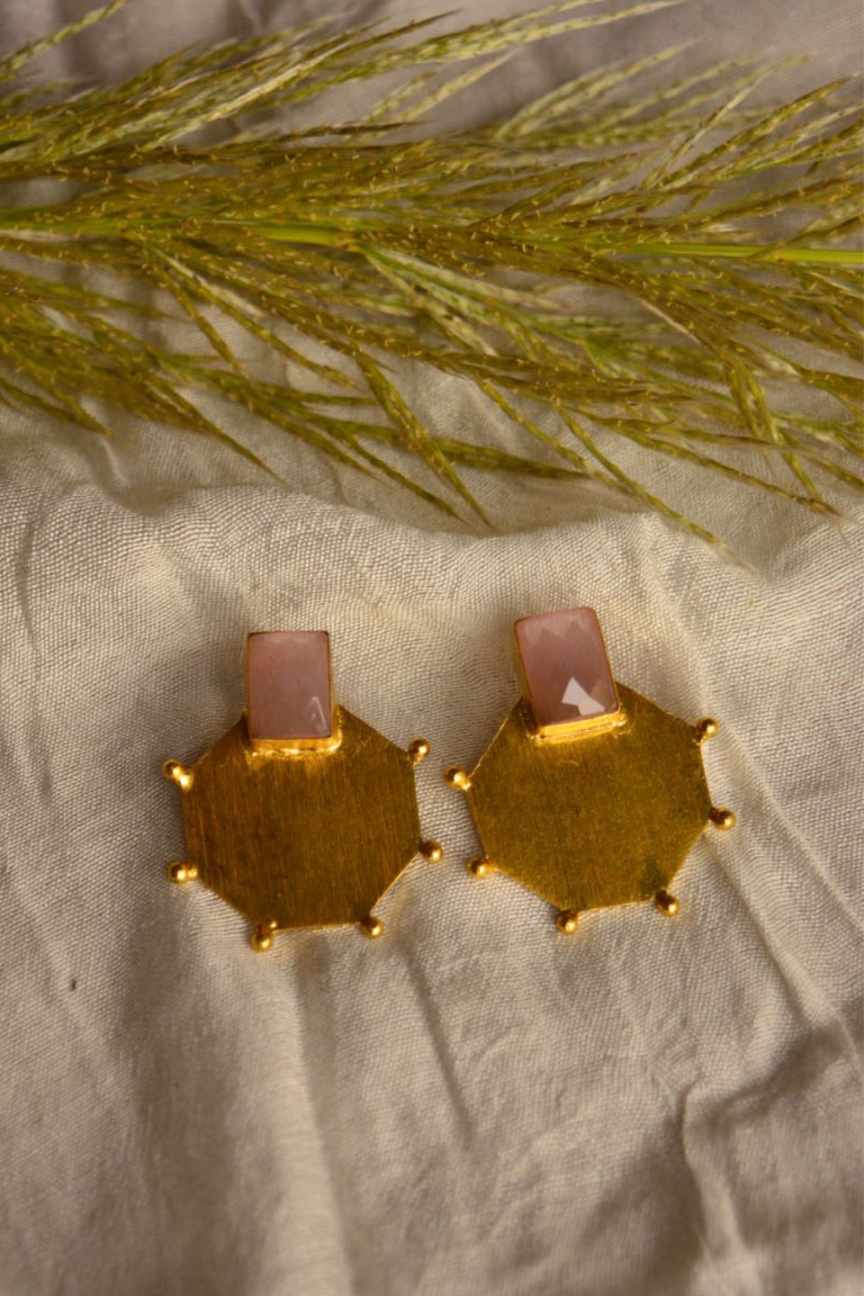 LocalLane Octagonal with Pink Stone Handmade Brass Earrings