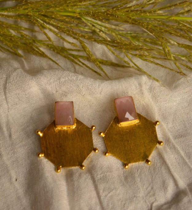 LocalLane Octagonal with Pink Stone Handmade Brass Earrings