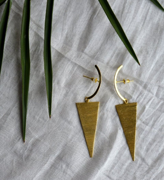 LocalLane Crescent Moon Triangular Handmade Brass earrings