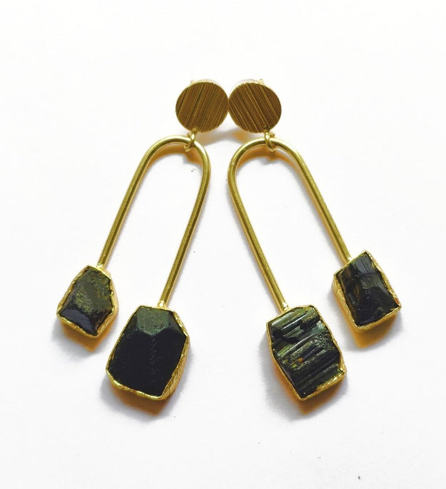 LocalLane Black Gemstone Handmade Brass Earrings