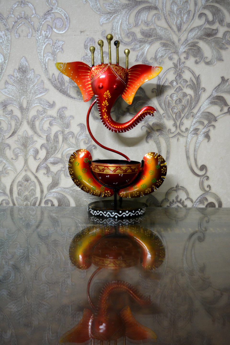 LocalLane Yellow & Red Ganesha Hand-painted Tea-Light Holder