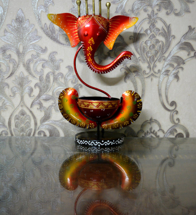 LocalLane Yellow & Red Ganesha Hand-painted Tea-Light Holder