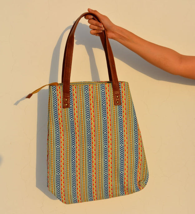 LocalLane Multicolour Boho Stripes Hand Block Printed Handbag