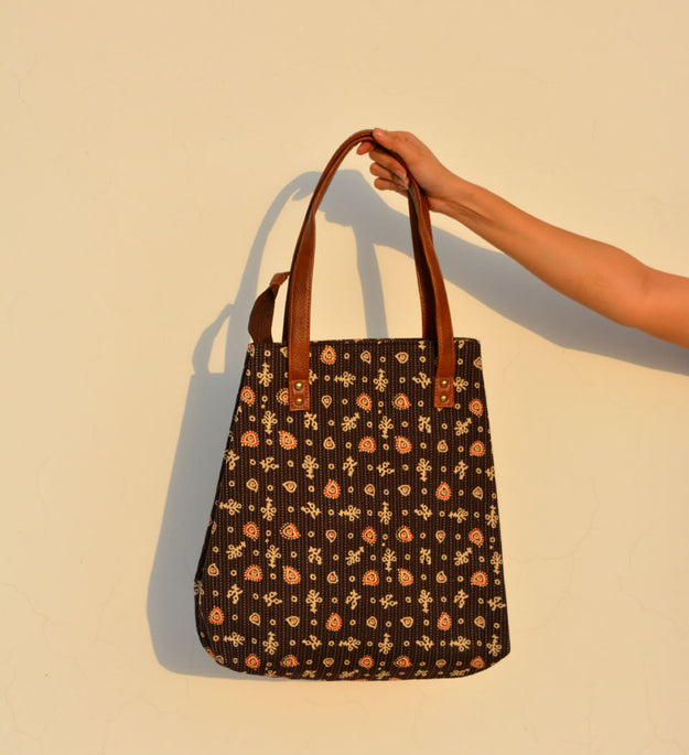 LocalLane Brown Ethnic Pattern Hand Block Printed Handbag