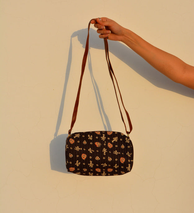 LocalLane Brown Ethnic Pattern Hand Block Printed Sling Bag