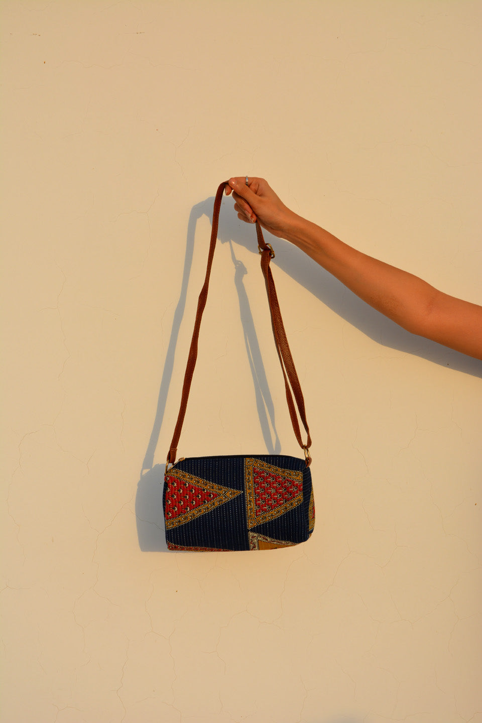 LocalLane Multicolour Floral Triangles Hand Block Printed Sling Bag