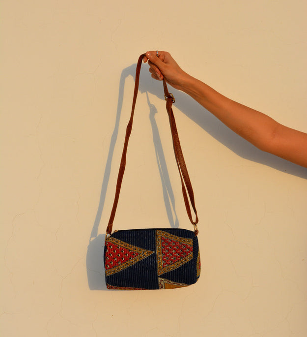 LocalLane Multicolour Floral Triangles Hand Block Printed Sling Bag