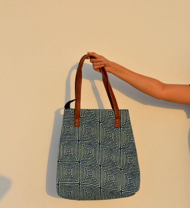 LocalLane Indigo Squares Hand Block Printed Handbag