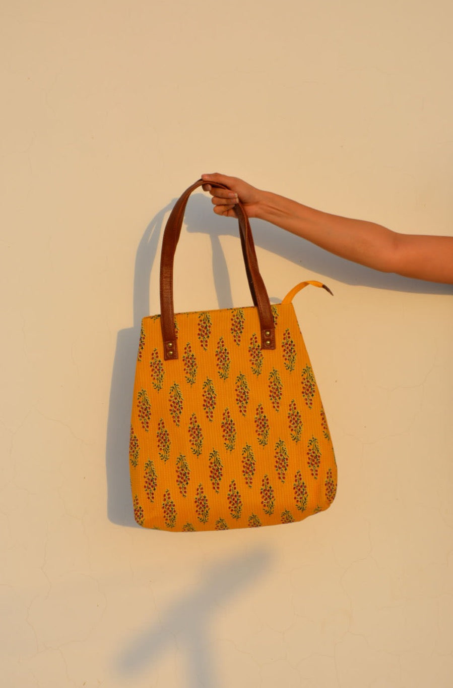 LocalLane Yellow Floral Hand Block Printed Handbag