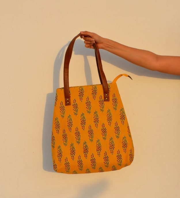 LocalLane Yellow Floral Hand Block Printed Handbag