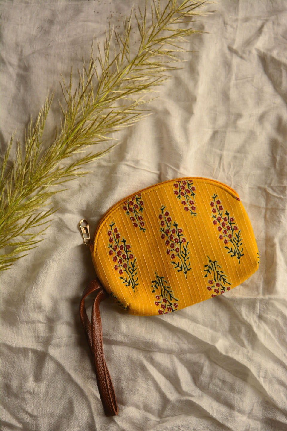 LocalLane Yellow Floral Hand Block Printed Mini Pouch