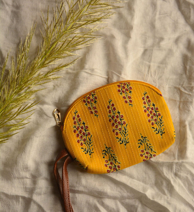 LocalLane Yellow Floral Hand Block Printed Mini Pouch