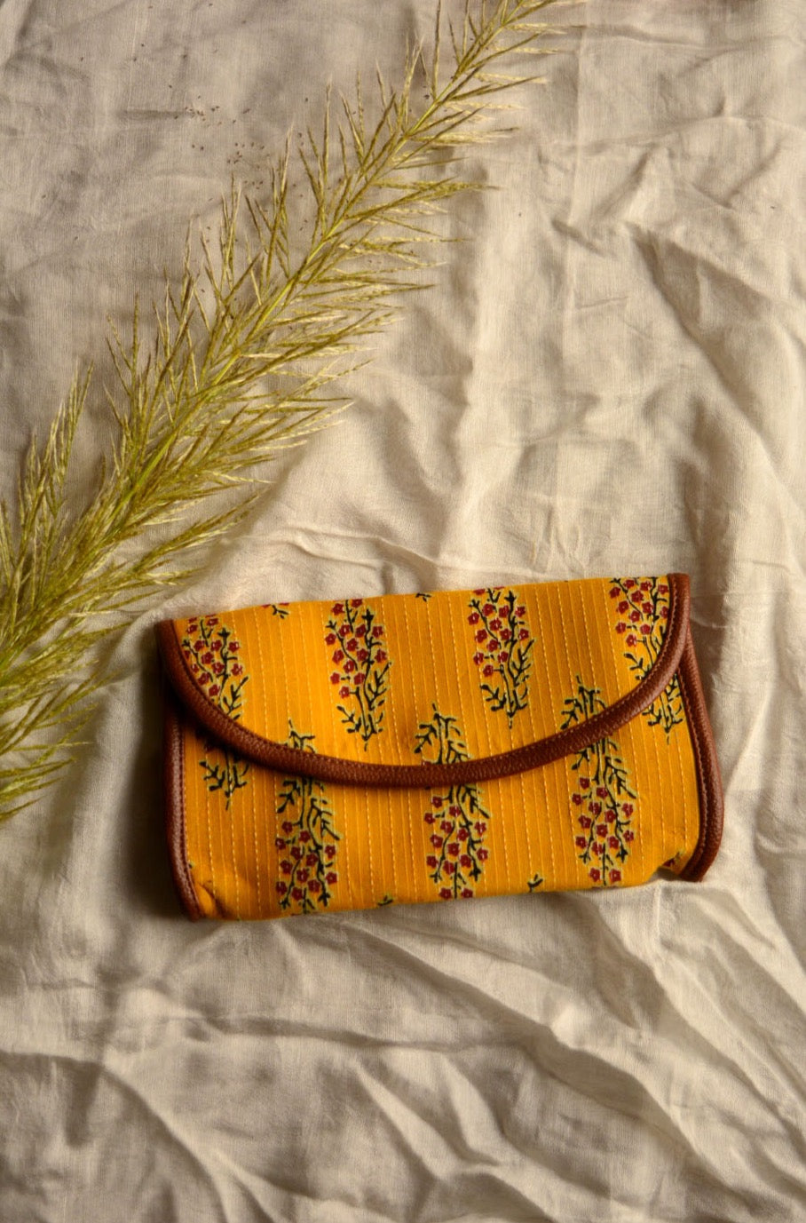 LocalLane Yellow Floral Hand Block Printed Envelope Wallet