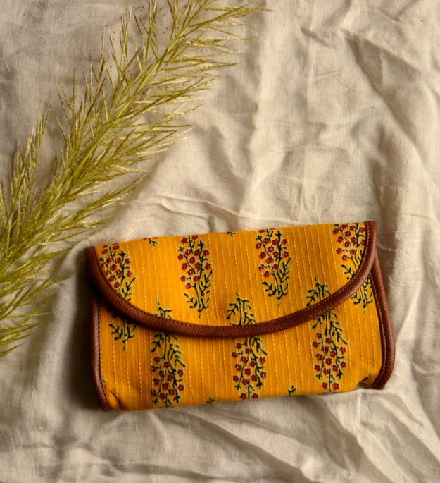 LocalLane Yellow Floral Hand Block Printed Envelope Wallet