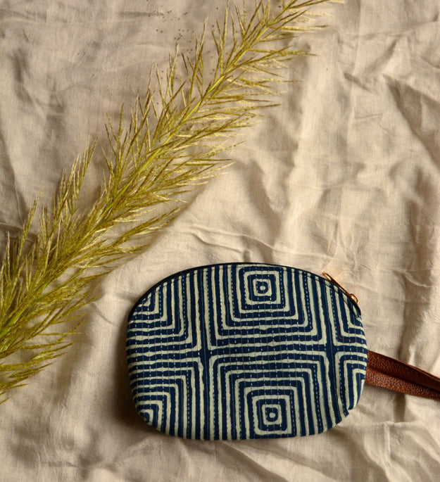 LocalLane Indigo Squares Hand Block Printed Mini Pouch