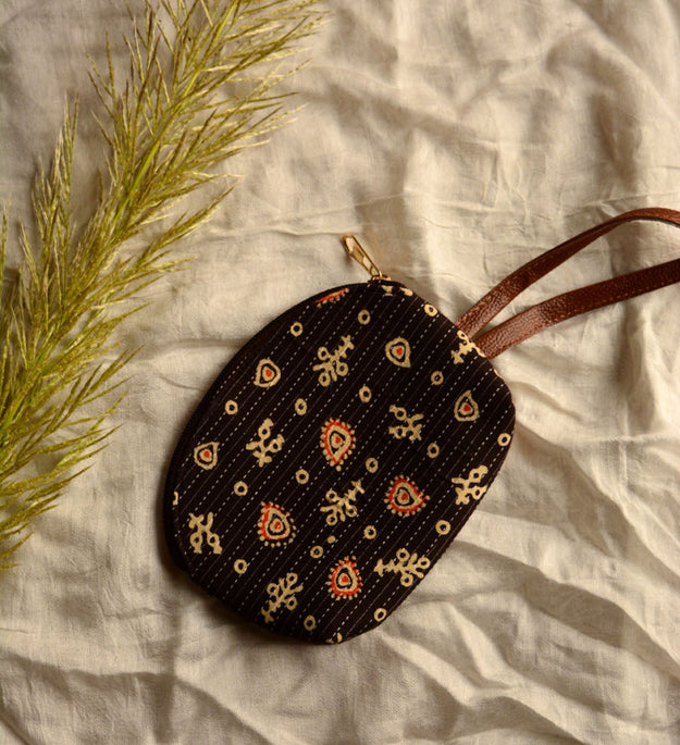 LocalLane Brown Ethnic Pattern Hand Block Printed Mini Pouch