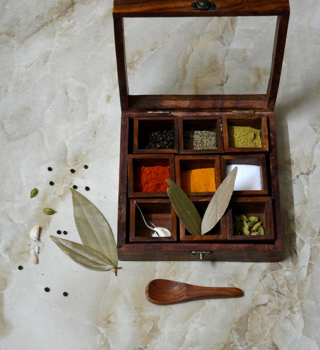 LocalLane Handcrafted Sheesham Wood Spice Box with 9 Containers & Spoon