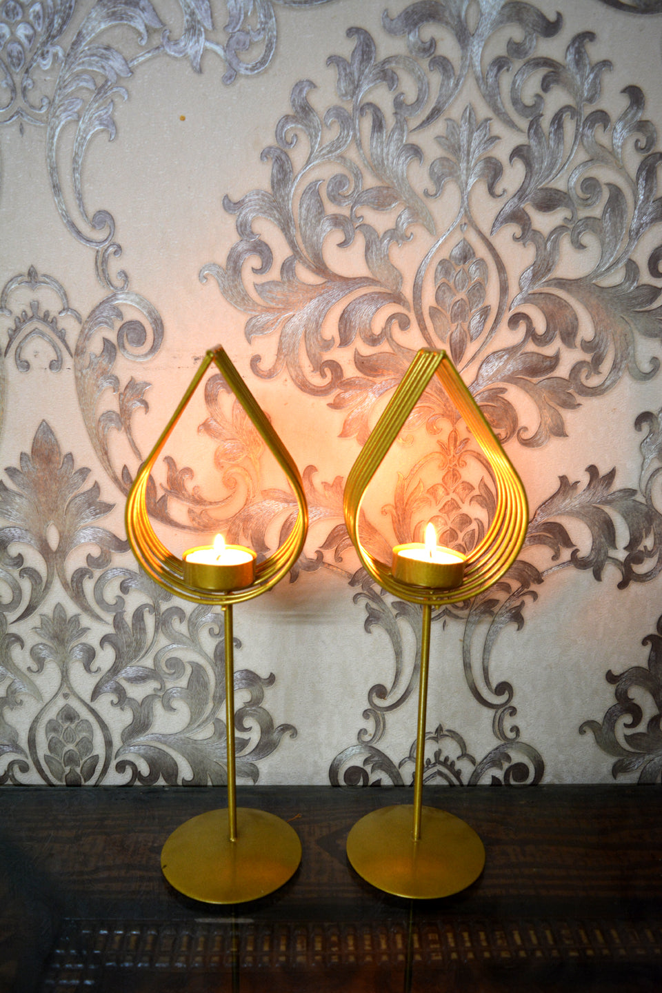 LocalLane ‘Golden Lotus Petal’ Handcrafted Table Tea-Light Holder – Set of 2