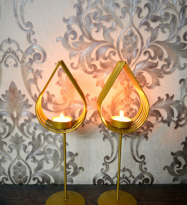 LocalLane ‘Golden Lotus Petal’ Handcrafted Table Tea-Light Holder – Set of 2