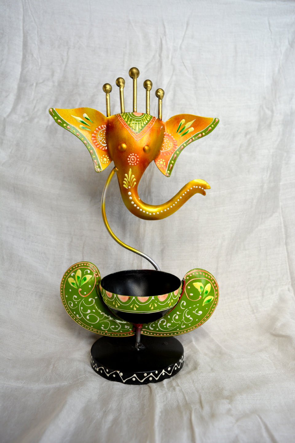 LocalLane Green and Yellow Ganesha Hand-painted Tea-Light Holder