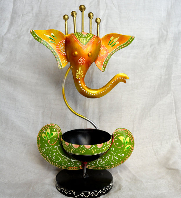 LocalLane Green and Yellow Ganesha Hand-painted Tea-Light Holder