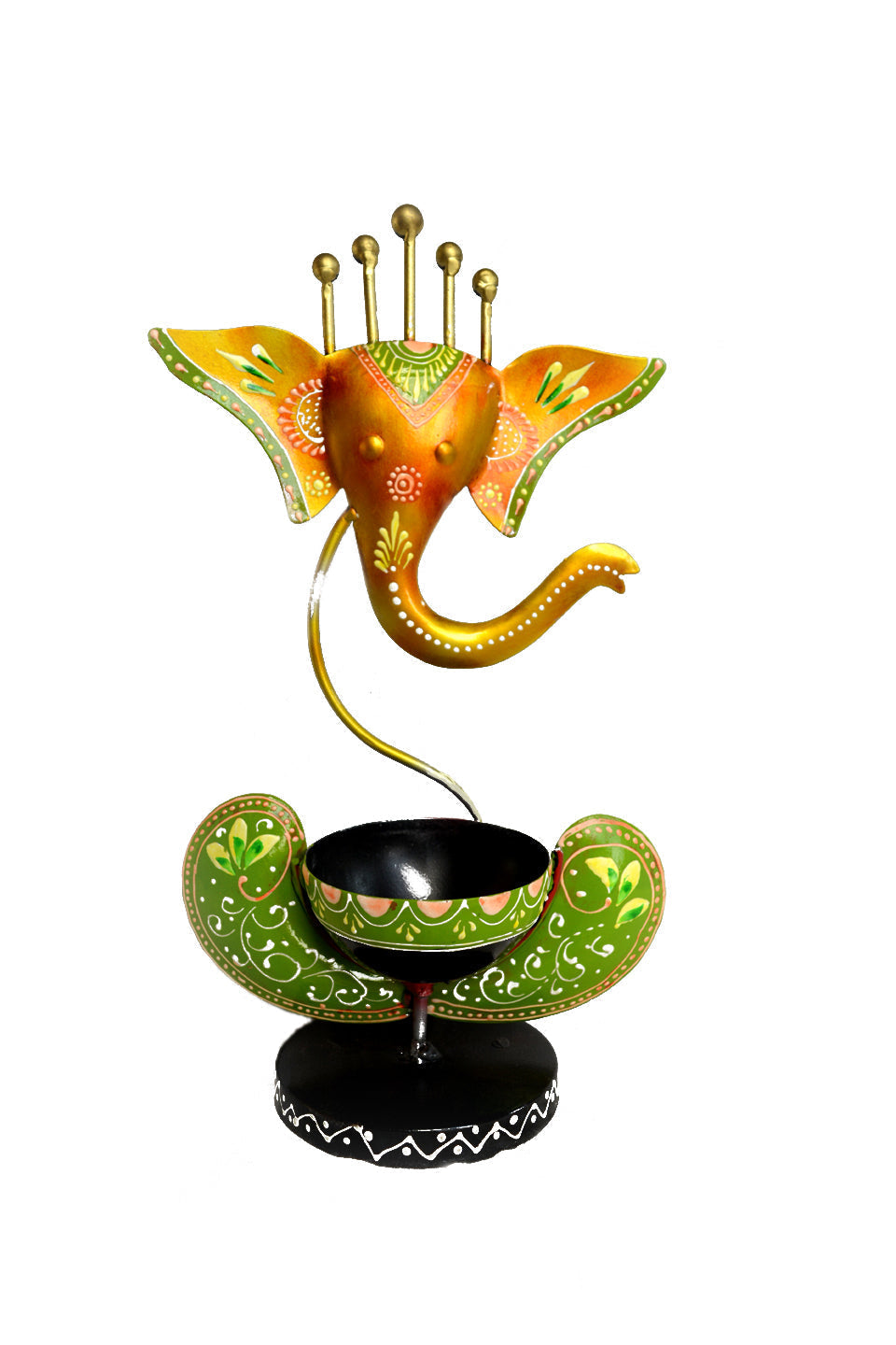 LocalLane Green and Yellow Ganesha Hand-painted Tea-Light Holder