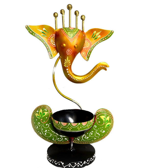 LocalLane Green and Yellow Ganesha Hand-painted Tea-Light Holder