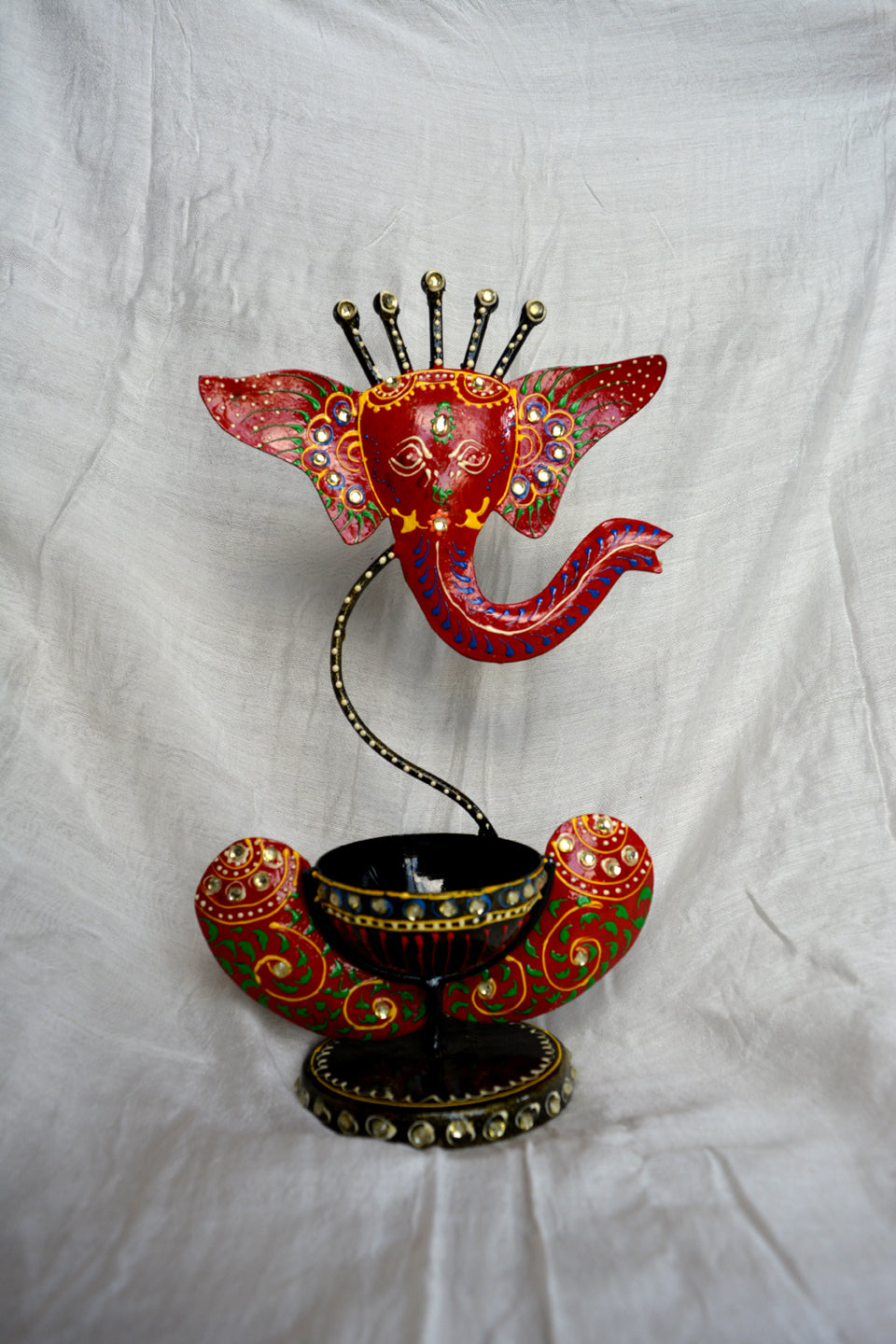 LocalLane Red Ganesha Hand-painted Tea-Light Holder