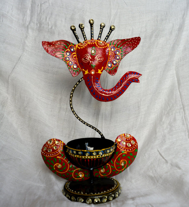 LocalLane Red Ganesha Hand-painted Tea-Light Holder