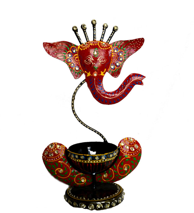 LocalLane Red Ganesha Hand-painted Tea-Light Holder