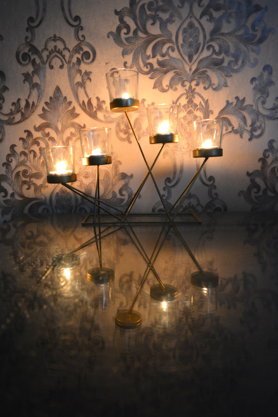 LocalLane Geometric Metal Tea-Light Holder with Glass Holders