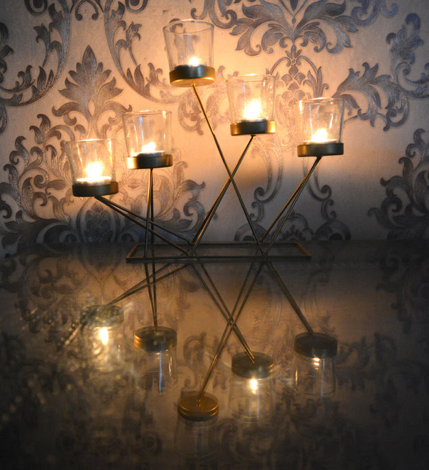 LocalLane Geometric Metal Tea-Light Holder with Glass Holders