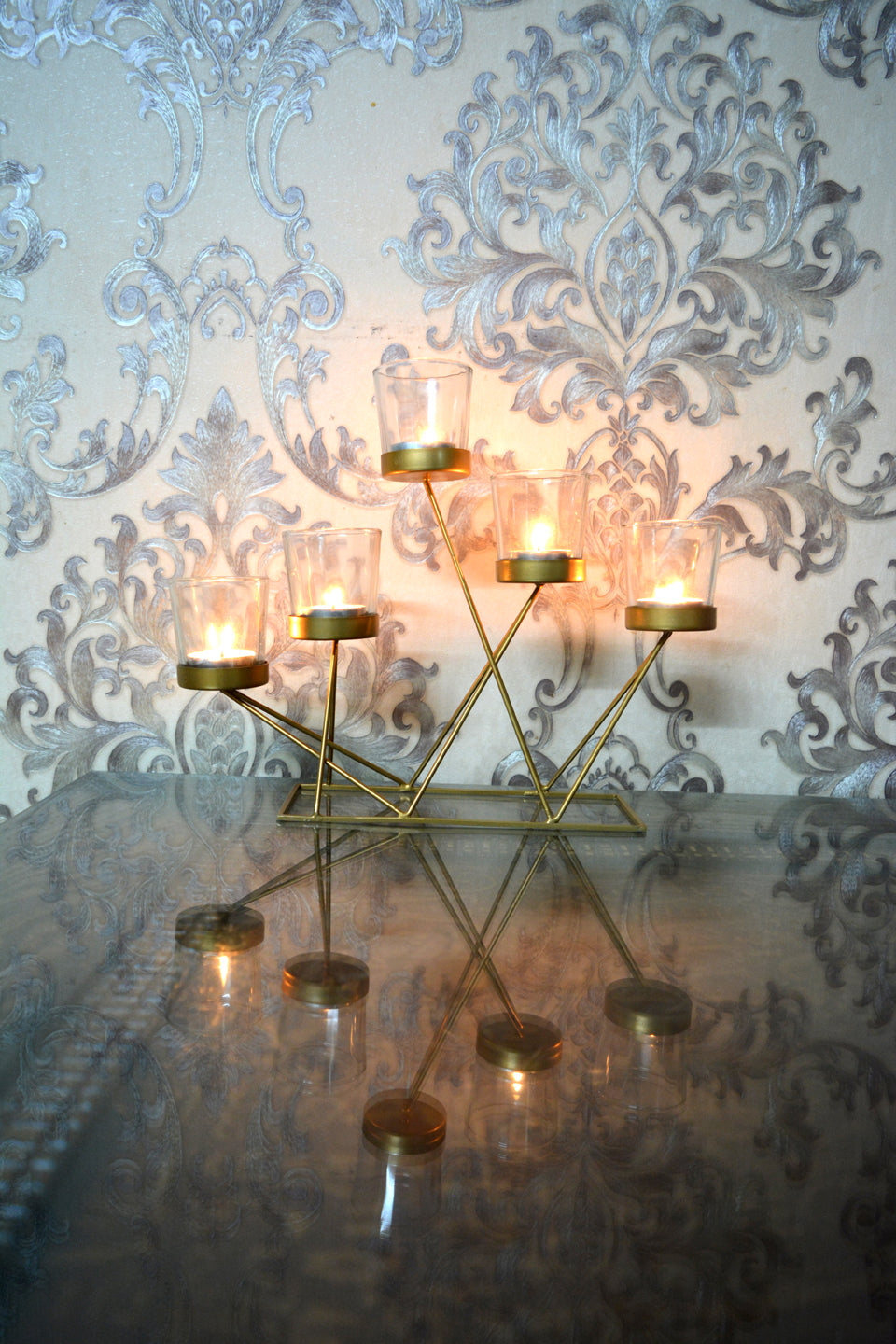 LocalLane Geometric Metal Tea-Light Holder with Glass Holders