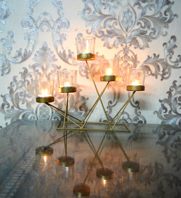 LocalLane Geometric Metal Tea-Light Holder with Glass Holders