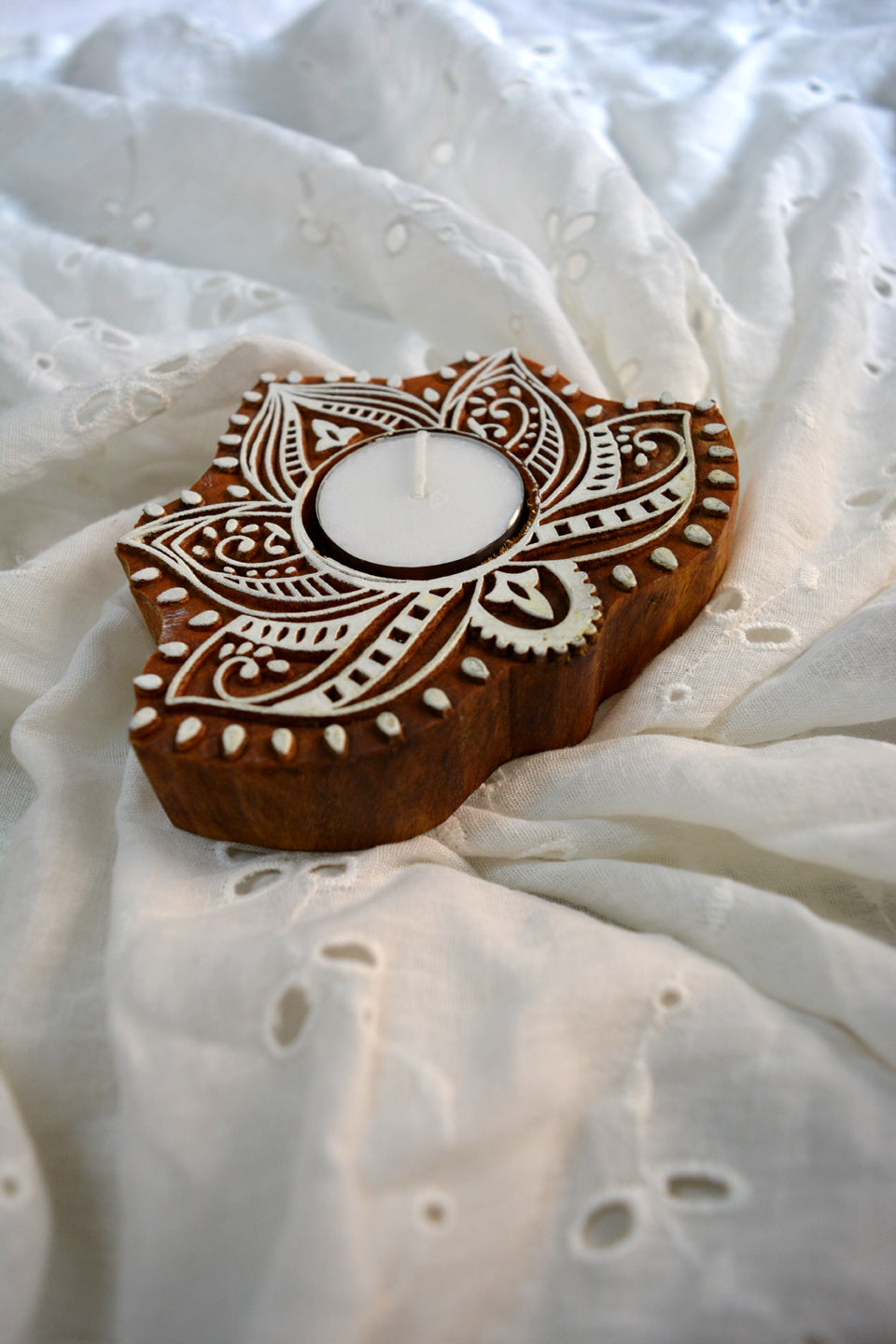 LocalLane Lotus Hand-Carved Wooden Block Tea-light Holder