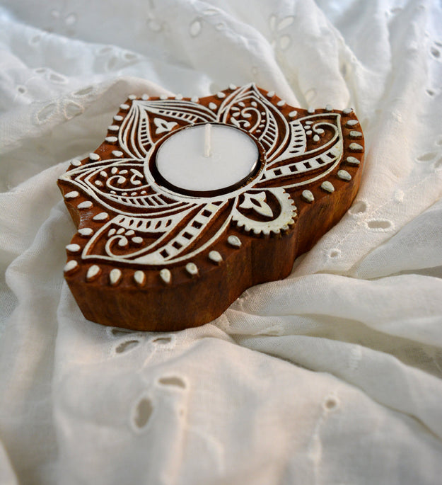 LocalLane Lotus Hand-Carved Wooden Block Tea-light Holder