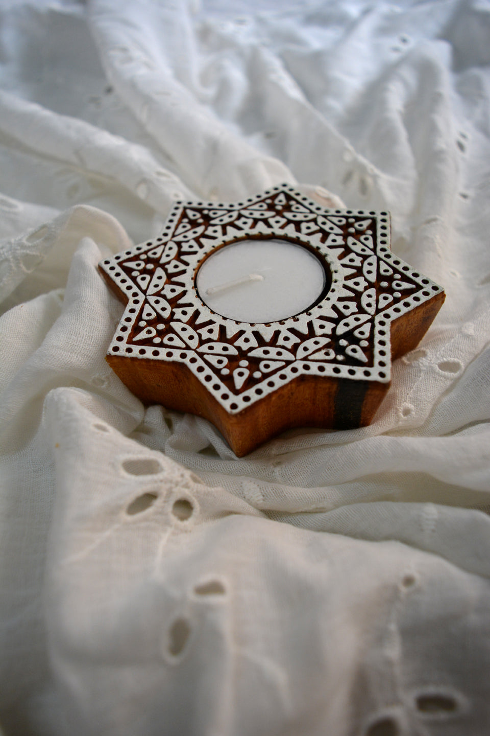 LocalLane Shimmering Star Hand-Carved Wooden Block Tea-light Holder