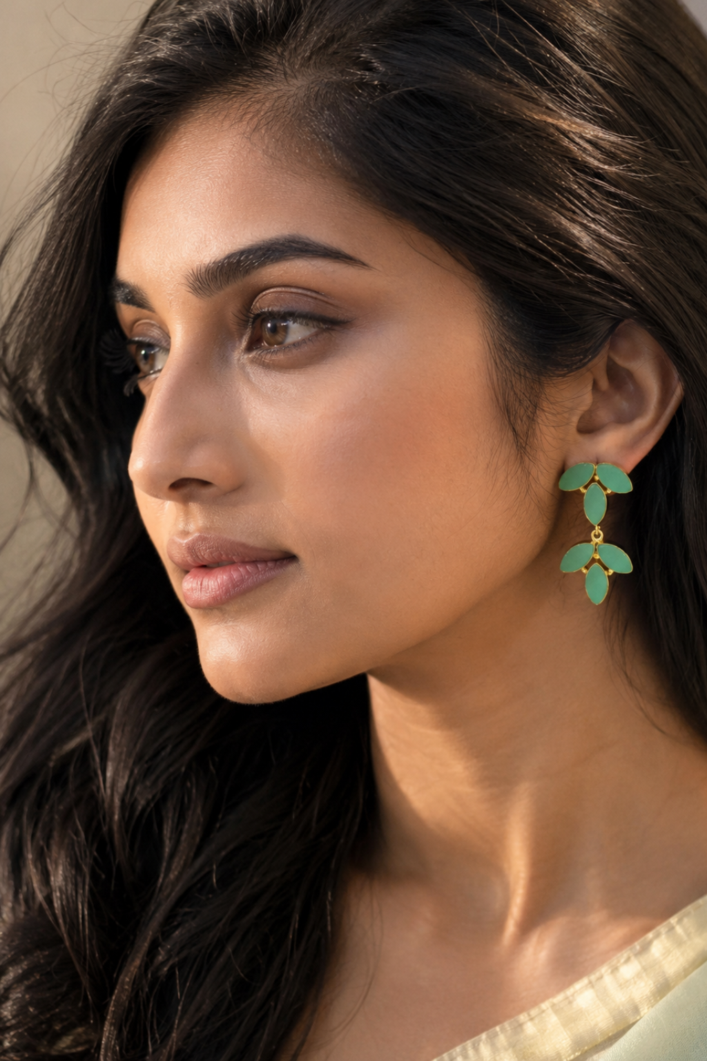 LocalLane Coral Green Leafy Earrings for Women
