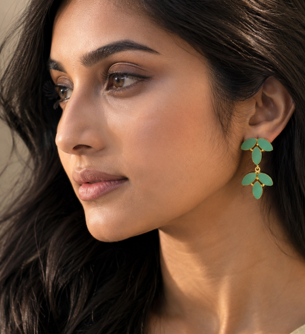 LocalLane Coral Green Leafy Earrings for Women