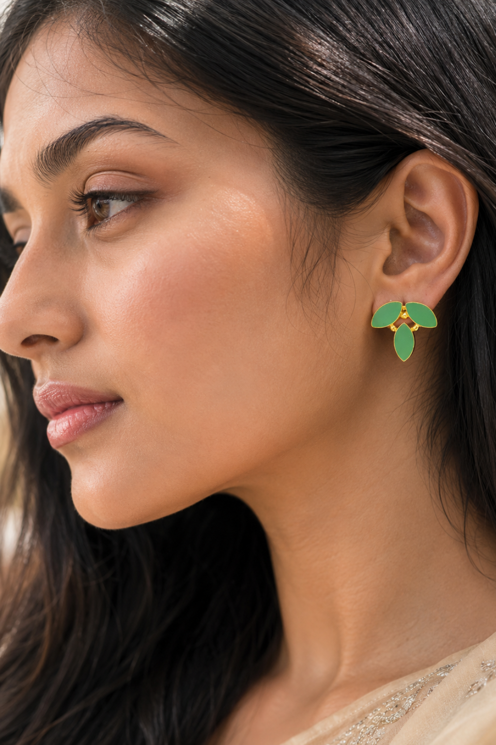 LocalLane Green Leafy Gold Plated Stud Earrings Women