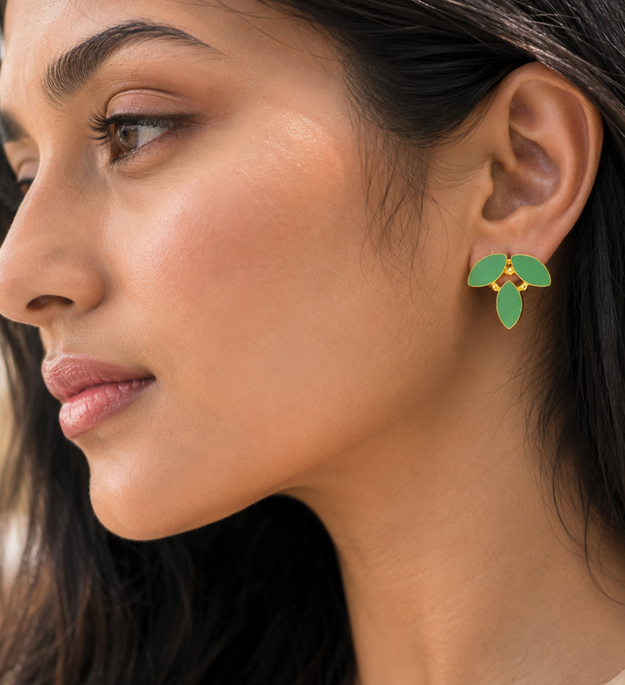 LocalLane Green Leafy Gold Plated Stud Earrings Women