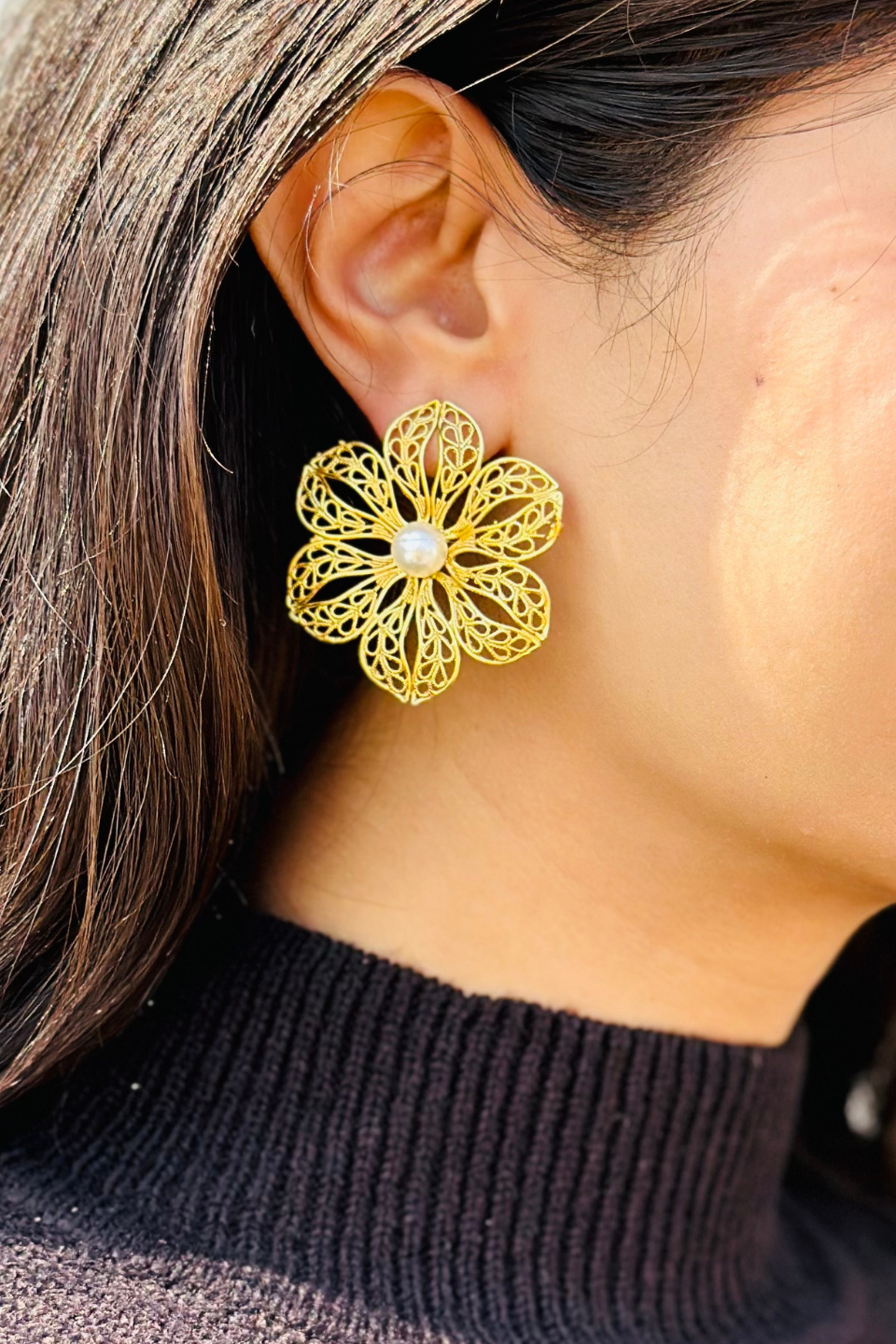 LocalLane Handcrafted Gold-Plated Wild Flower Pearl & Brass Earrings