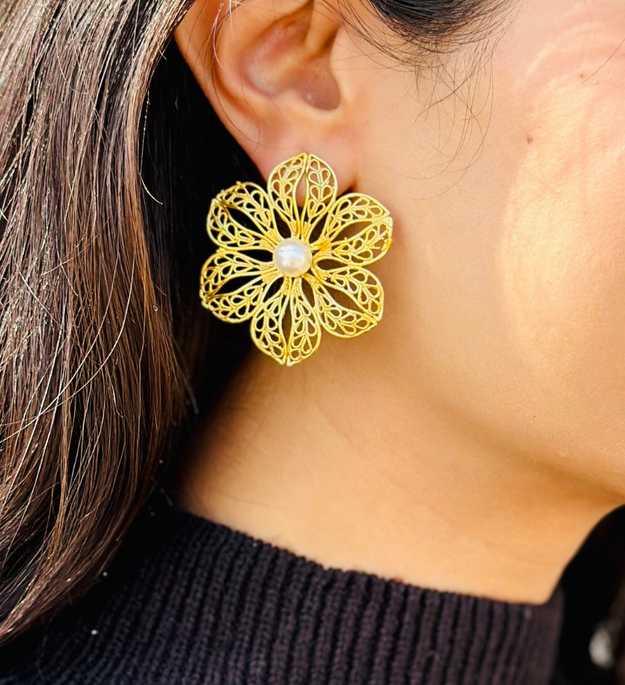 LocalLane Handcrafted Gold-Plated Wild Flower Pearl & Brass Earrings