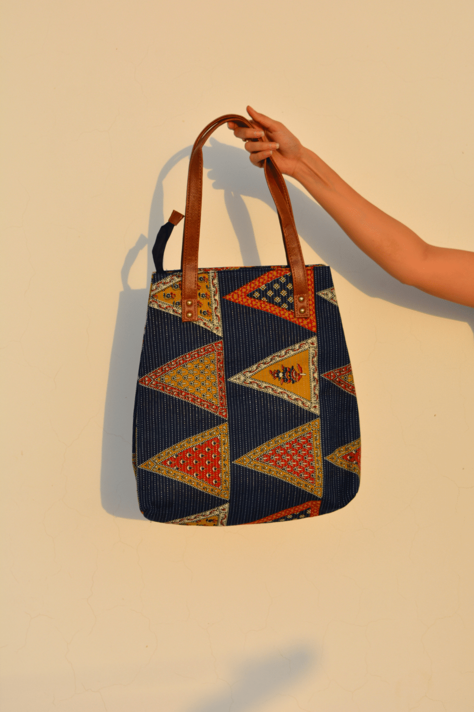 LocalLane Multicolour Floral Triangles Hand Block Printed Handbag